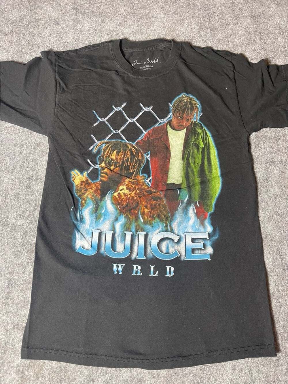 Juice WRLD Blue Flames Chain Link Fence Graphic T-Shirt Black Size Medium